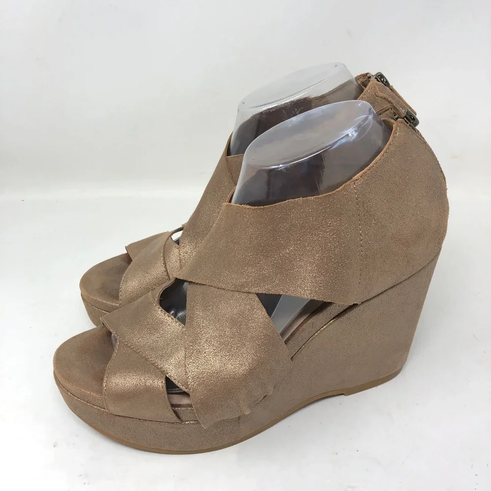 Eileen Fisher Womens 9.5 Bella Wedge Sandals‎ Bronze Leather Shimmer Platform